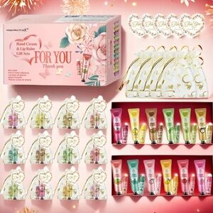 96 piece hand cream and lip balm Gift set NEW with thank you cards and bags
